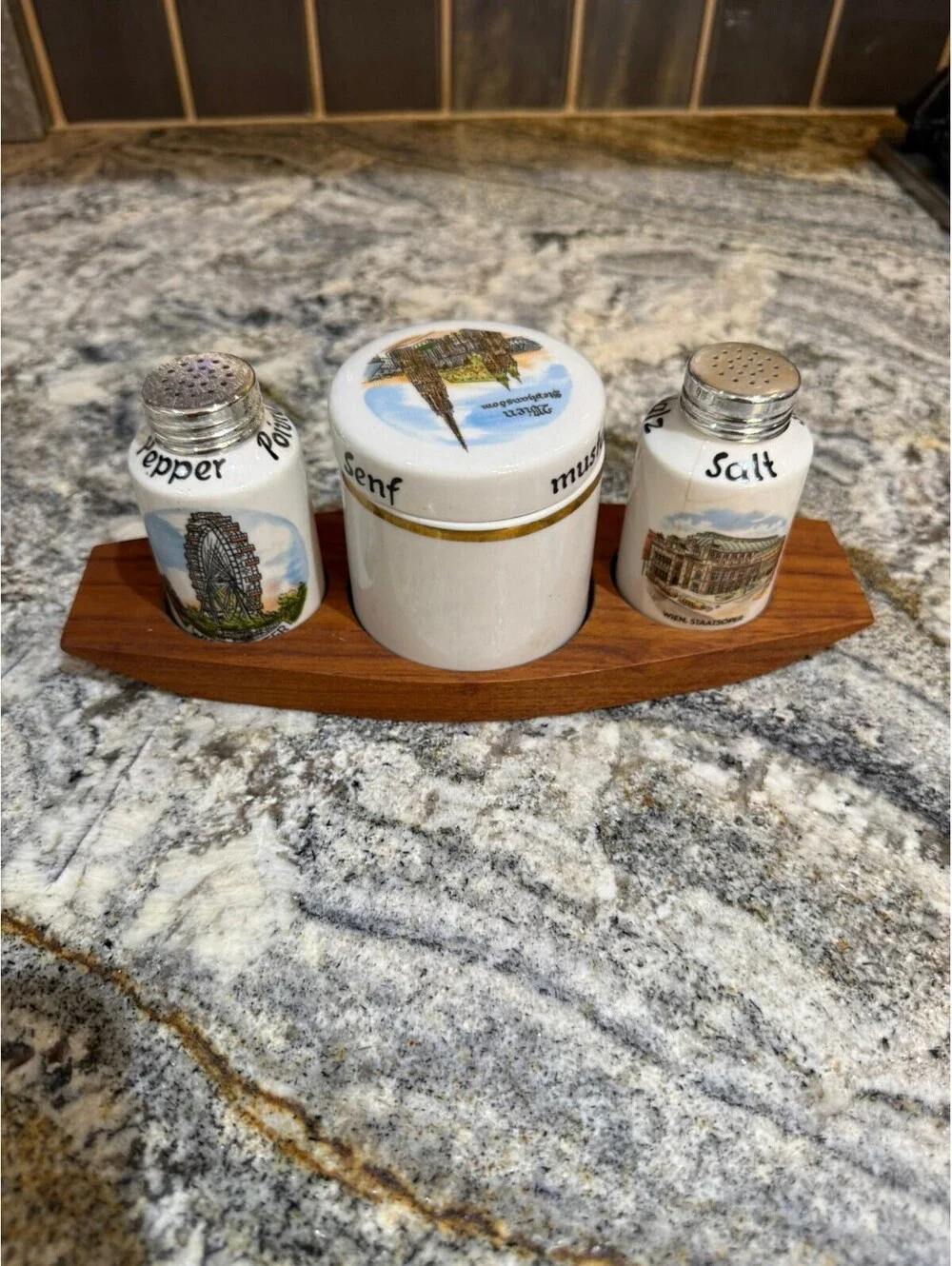 Vintage Ceramic Condiment Set with Decorative Wildlife Illustrations on Wooden C